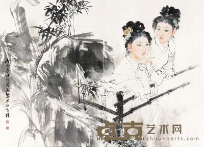  丙戌（2006年）作 二乔赏菊图 镜心 设色纸本 45×64cm