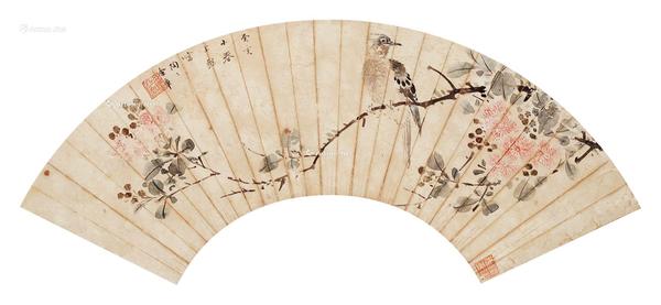 * 癸亥（1926年）作 花鸟扇面 镜片 设色笺本
