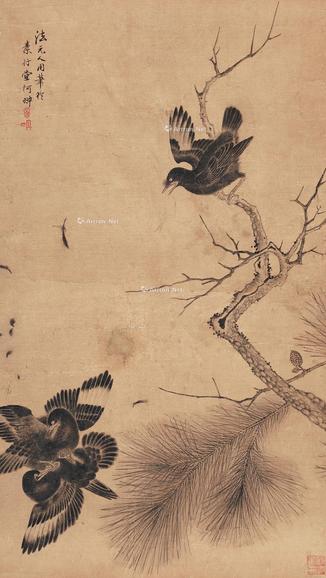  花鸟 镜片 水墨绢本