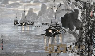  榕湖夜景 镜片 设色纸本 42×71cm