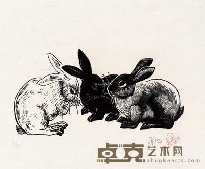 1976年作 依偎 黑白木刻 纸本 14×28cm