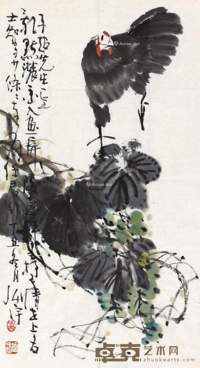  丁丑（1997）年作 鸡 镜片 设色纸本 88.5×48cm