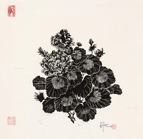  1961年作 洋绣球 木口木刻 纸本