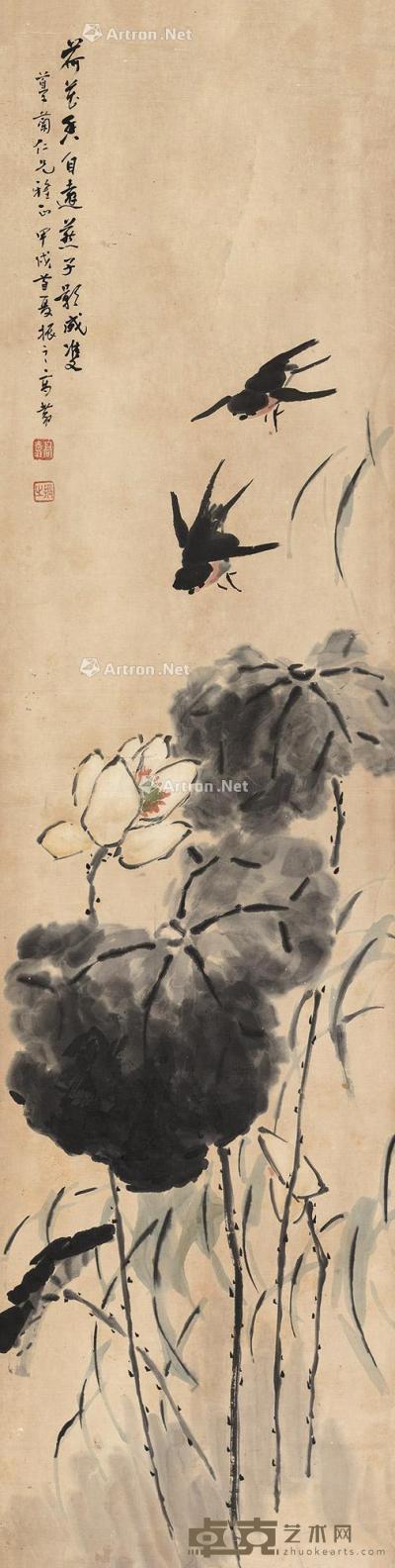 甲戌（1934）年作 荷香双燕 立轴 设色纸本 130×33cm