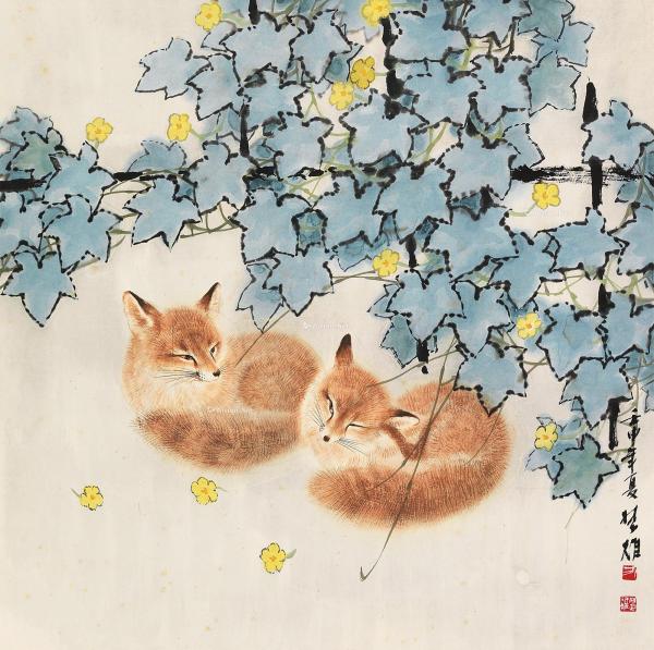  壬申（1992）年作 狐狸 立轴 设色纸本