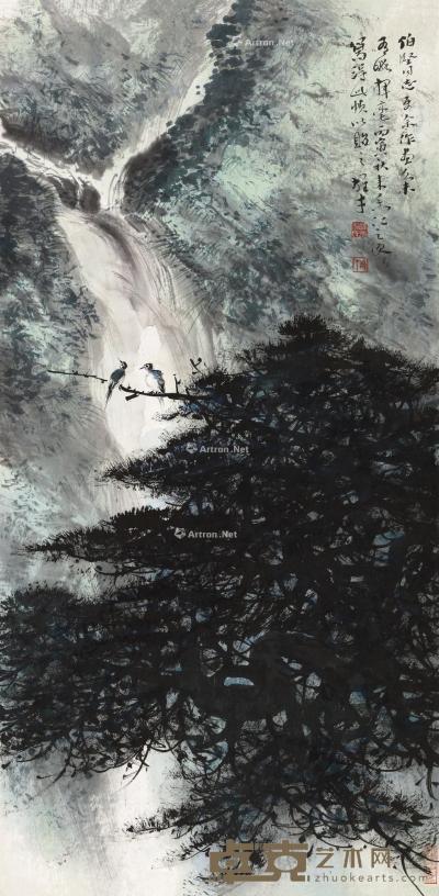  丙寅（1986）年作 松瀑鸣泉 镜片 设色纸本 68.5×34cm
