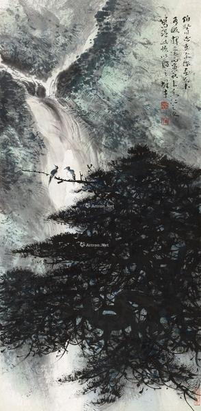  丙寅（1986）年作 松瀑鸣泉 镜片 设色纸本