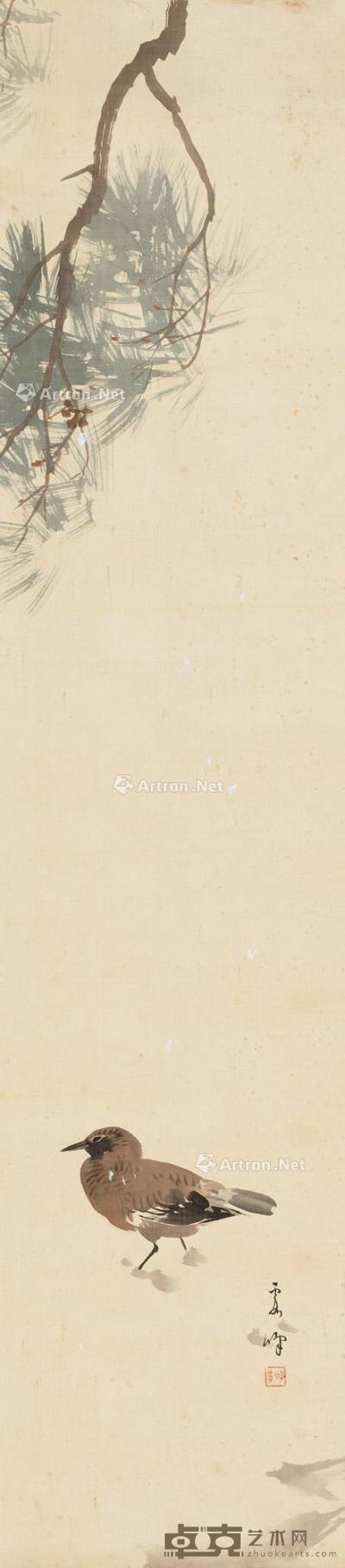  松树小鸟 立轴 设色绢本 120×26cm