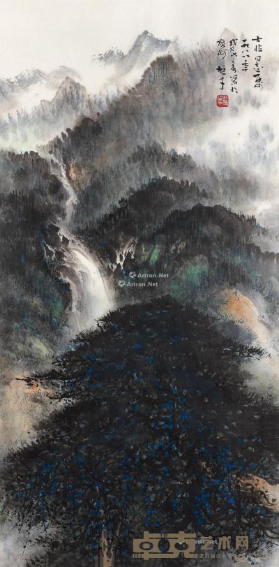  1988年作 松瀑图 镜片 设色纸本 138×69.5cm