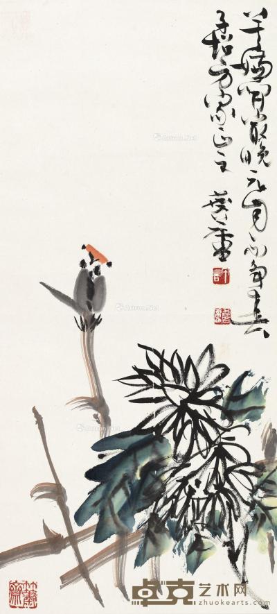  菊花小鸟 镜片 设色纸本 82×37cm