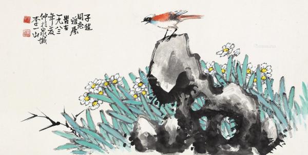  1983年作 水仙寿山鸟 镜片 设色纸本