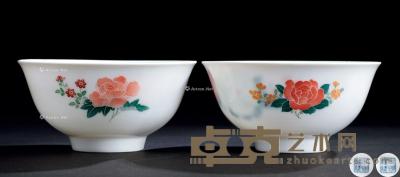  醴陵釉下五彩月季花毛瓷碗 （一对） 直径12cm；高5.6cm