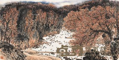  癸未（2003）年作 溪山秋霁 镜片 设色纸本 69.5×138cm