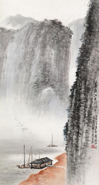  丁未（1967）年作 嘉陵江在晚烟中 立轴 设色纸本