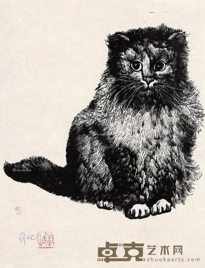  1988年作 猫 黑白木刻 纸本 25×25cm