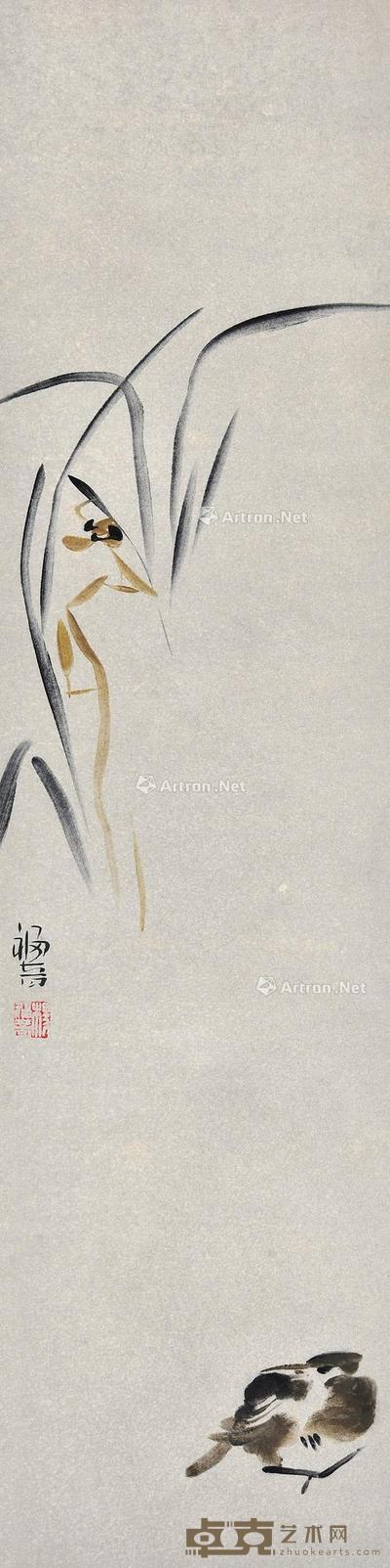  兰花小鸟 立轴 设色纸本 136×34cm