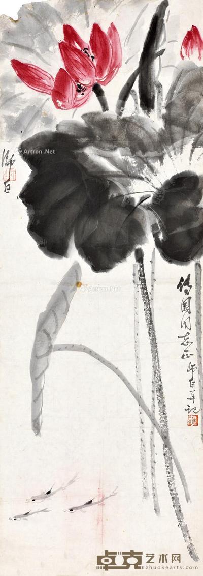 荷花 镜片 设色纸本 96×33cm