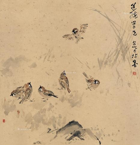  指画鸟趣图 镜片 设色纸本