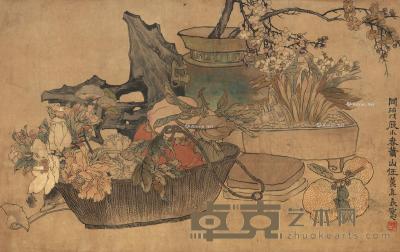 * 戊辰（1868）年作 博古花卉 立轴 设色纸本 63×102cm