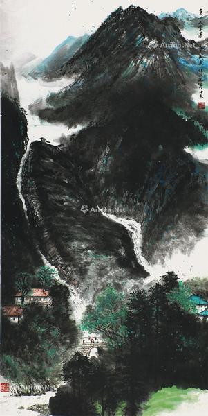  黄山飞瀑 立轴 设色纸本