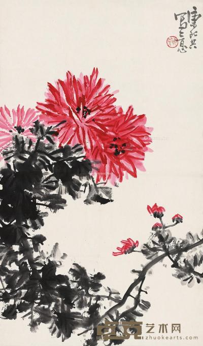  红菊花 镜片 设色纸本 68×40cm