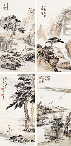  1945年作 山水四屏 立轴 设色纸本