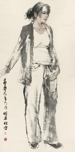 时尚女郎 镜片 设色纸本