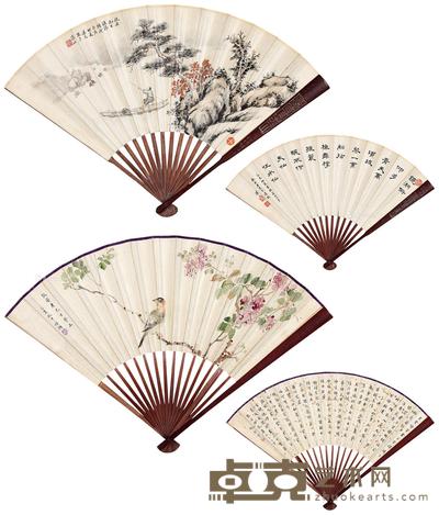 乙亥(1935)年作 山水 书法 花鸟 书法 成扇 设色纸本 张21×52cm;莫17×50cm;何17×50cm