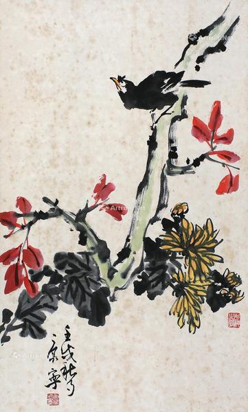  红枫八哥 立轴 设色纸本