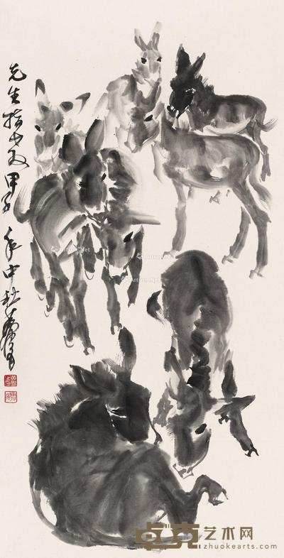 * 甲子(1984)年作 群驴图 立轴 水墨纸本 82×41.5cm