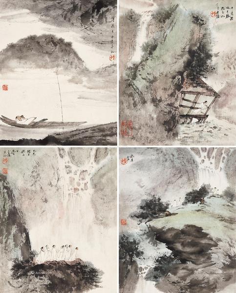  乙巳（1965）年作 高士山水 （四幅） （四帧） 镜心 设色纸本
