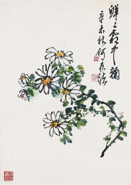  秋菊 镜框 设色纸本