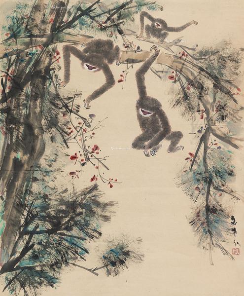  三猿图 立轴 设色纸本