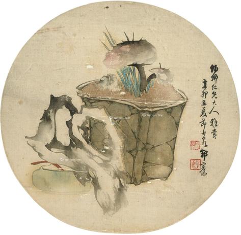  1891年作 清供图圆扇页 框 设色纸本