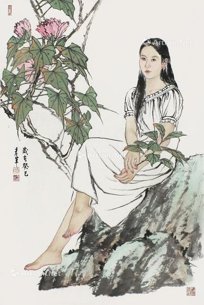  少女 镜片 设色纸本