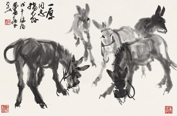 * 戊午（1978）年作 五驴图 镜片 水墨纸本