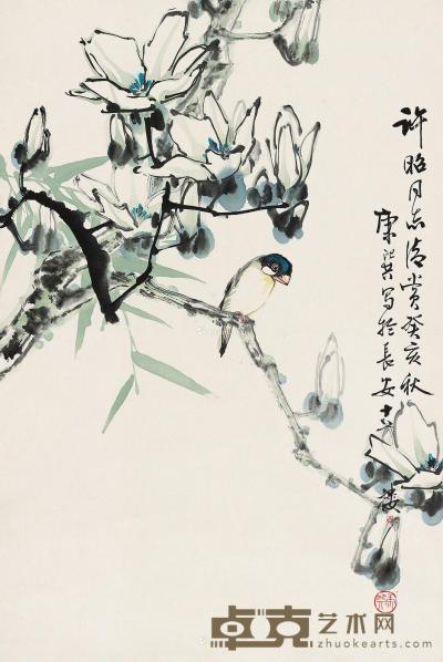  癸亥（1983）年作 玉兰小鸟 镜片 设色纸本 67.5×45cm