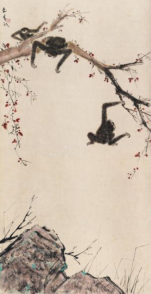  三猿图 立轴 设色纸本