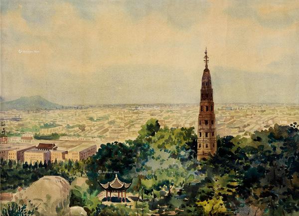  宝塔远望 镜框 水彩画