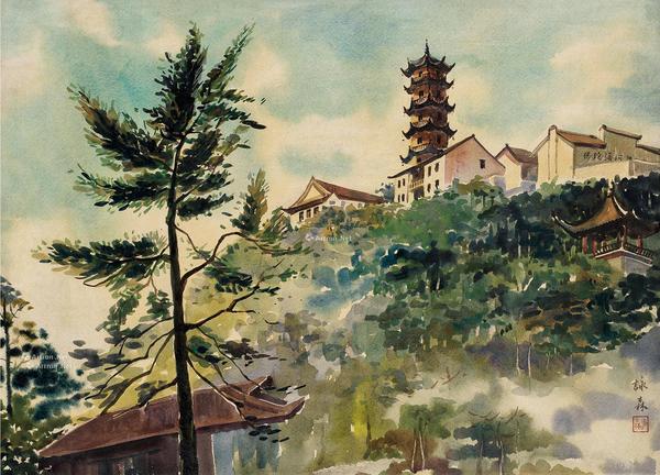  八角楼 镜框 水彩画