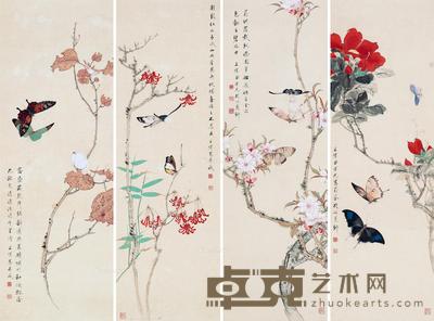 彩蝶花卉四屏 镜片 设色纸本 84×27cm×4
