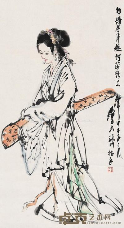 * 甲子(1984)年作 携琴仕女 镜片 设色纸本 89.3×48cm