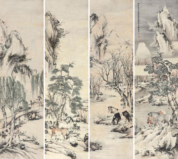  1944年作 八骏图 四屏 轴 设色纸本