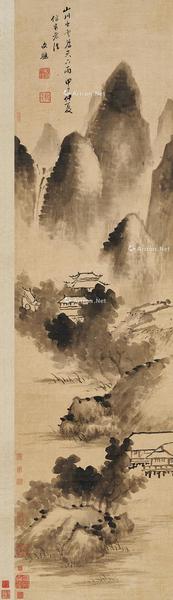  山居图 立轴 水墨绫本