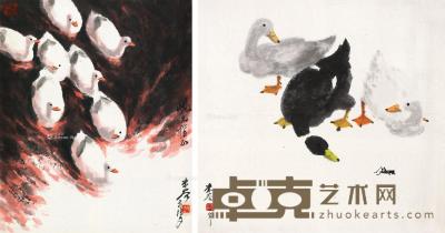  1977年作、1974年作 鸭趣图 春江水暖 （两帧） 镜片 设色纸本 61.5×62.5cm；64×52.5cm