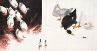  1977年作、1974年作 鸭趣图 春江水暖 （两帧） 镜片 设色纸本