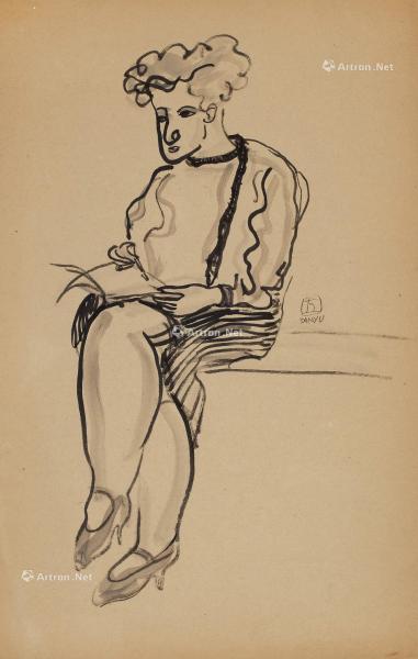  1920～1930年代作 阅读中的卷发女子 水墨 纸本