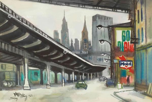  1963年 曼哈顿街景 水彩 纸本