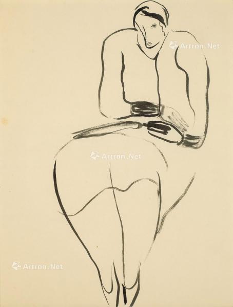  1920～1930年代作 凝视的女子 水墨 纸本