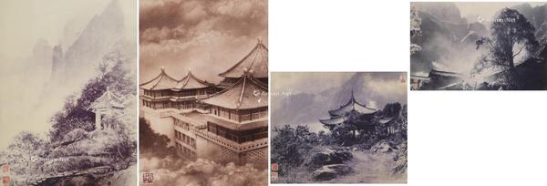  文化学府 兰亭春色满 亭林烟嶂 山舍炊烟 （四件一组） 镜框 银盐相纸